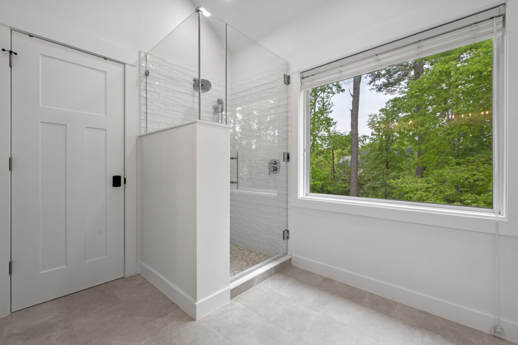Picture window near built in shower