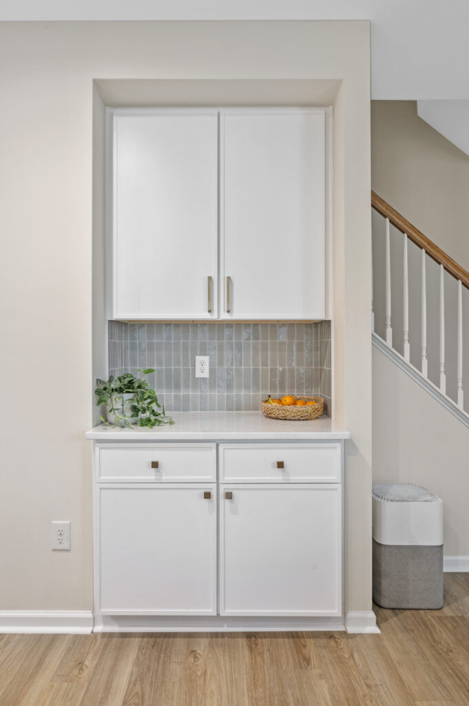 A recessed coffee bar where a closet pantry used to exist