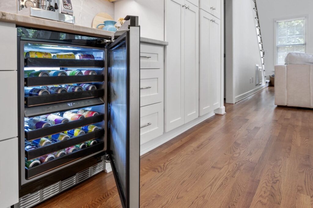 Beverage fridge at coffee bar