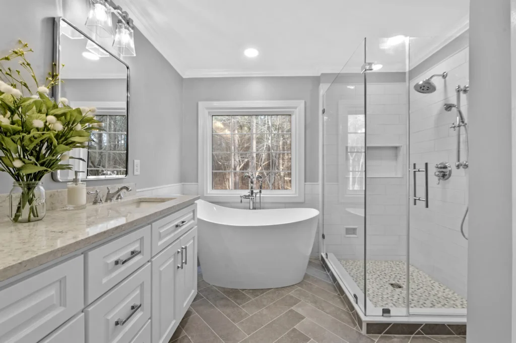 Updated deep tub and glass shower