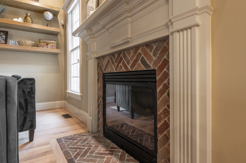 Fireplace with herringbone tile