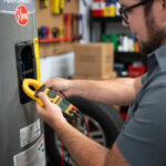 Plumber testing a water heater in a garage