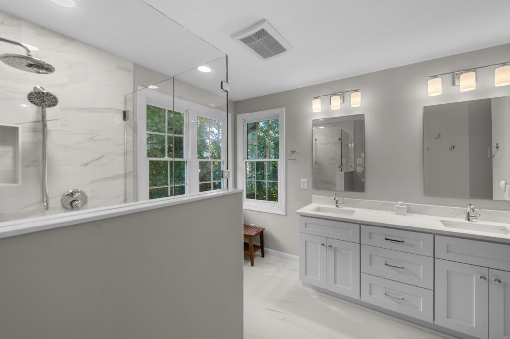 newly remodeled shower and vanity
