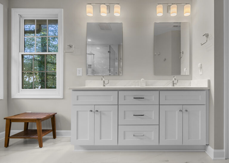 A new vanity with mirrors and updated lighting